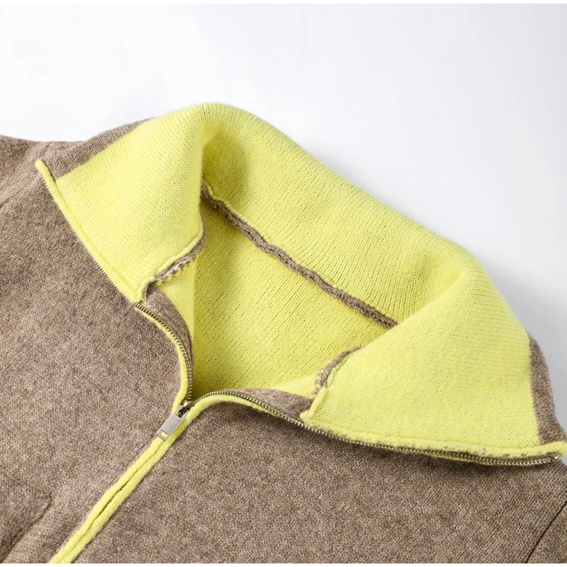 سترة صوفية متباينة غير رسمية للنساء بياقة واقفة وجيوب وسحاب وأكمام طويلة معطف نسائي لخريف وشتاء 2025 جديد للسيدات في ملابس خارجية