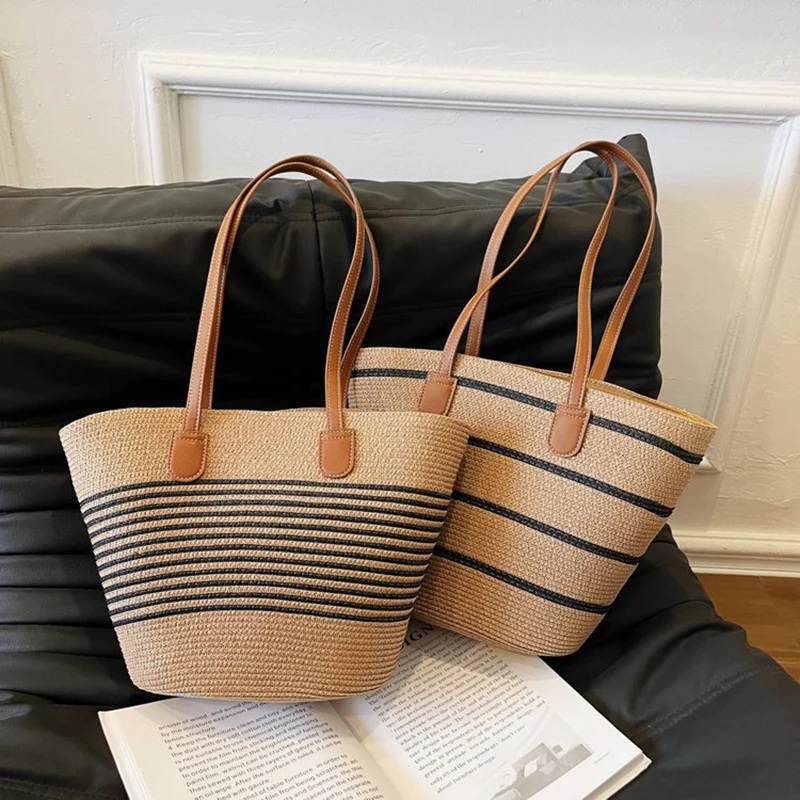 Women Fashion Striped Summer Beach Straw Knitting Shoulder Bag Hollow Out Handwoven Handbags Portable Large Capacity Casual Tote
