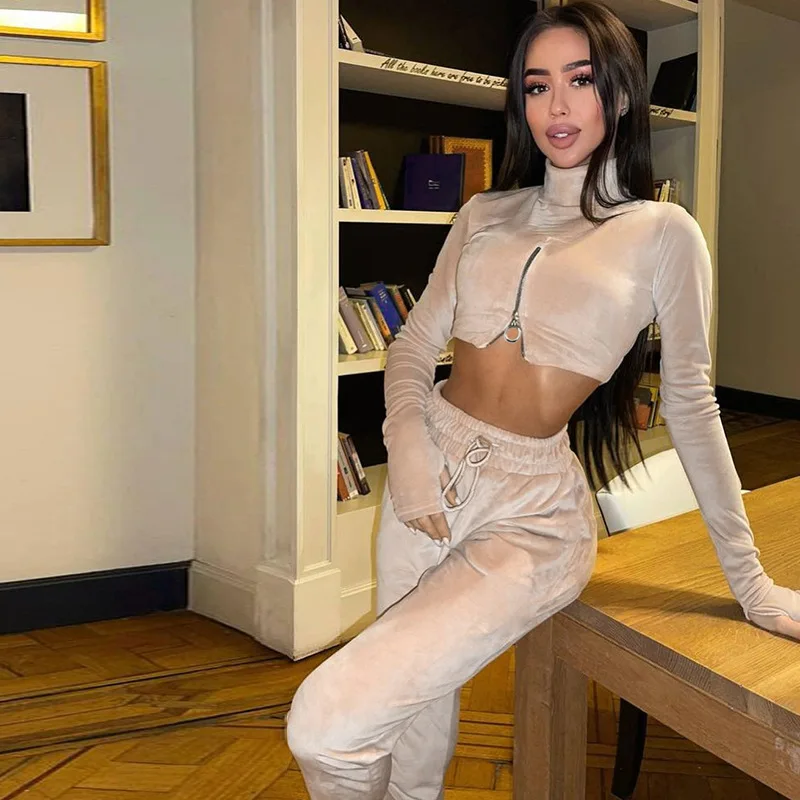 

Slim Pants Sports Suit Fleece High Collar Long Sleeve Revealing Top Slim-Fitting Drawstring Sweatpants