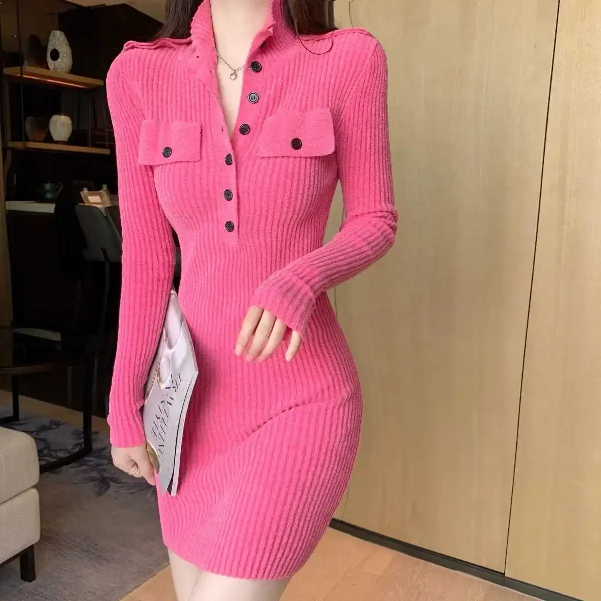 

Women's Mini Skirts Retro Tooling Pockets Decorated Military Shoulder Buttons Half-Placket High Collar Slim Knit Dress Women