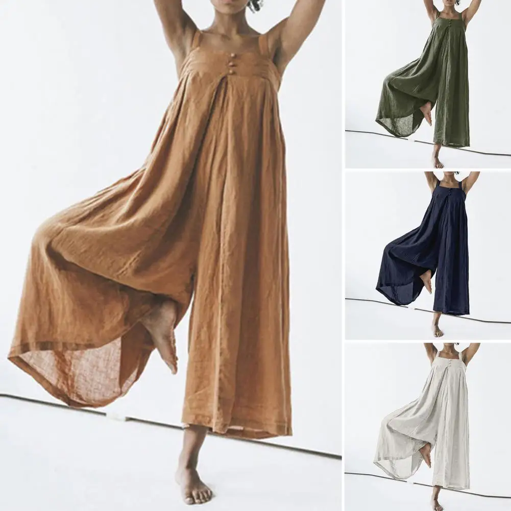 

Vintage Ruched Solid Cotton Linen Jumpsuit Women 2023 Spring Elegant Wide Leg Overalls Pants Summer Short Sleeve Loose Rompers