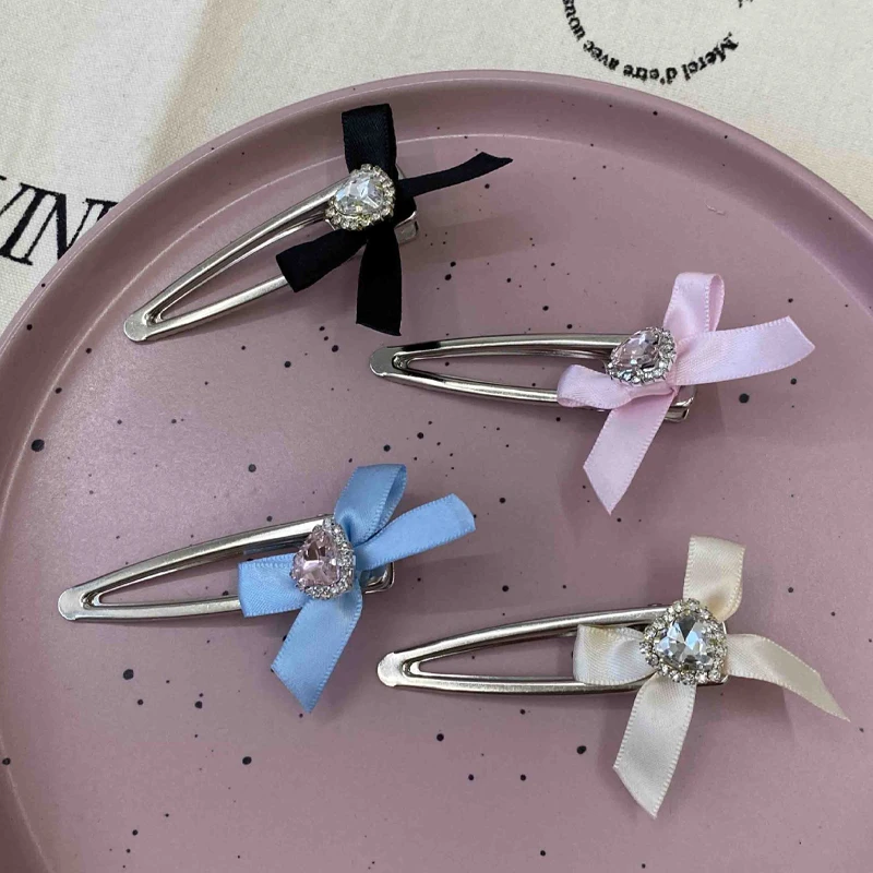 

Lovely Bow Knotted Crystal Love Heart BB Hair Clips for Women Shiny Silver Metal Hairpins Girls Satin Bowknot Duckbill Hair Clip