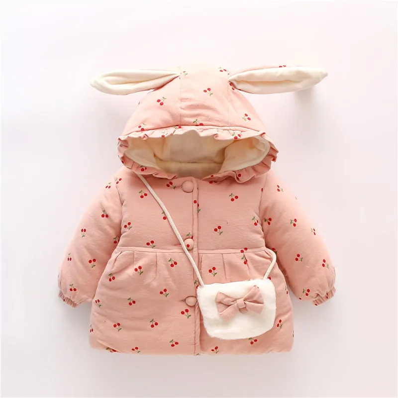 Baby Girl's Cotton Jacket Cute Cherry Hooded Girl's Cotton Jacket For Autumn And Winter Warm Winter Clothing