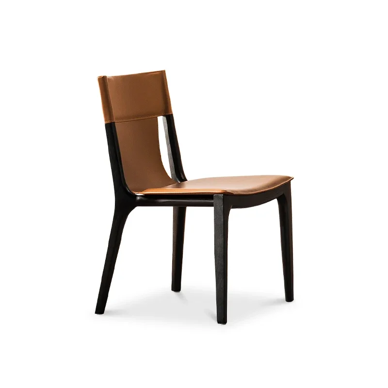 

Дизайнерский обеденный стул, роскошный стул из твердой древесины и кожи со спинкой в скандинавском стиле, современный оранжевый стул для учебы