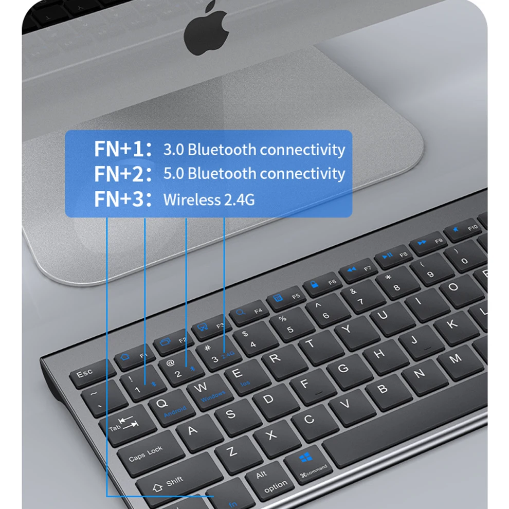 Ultra-fino Teclado e Mouse Conjunto sem Fio Portugalinglês Usb 2.4g Mais Bluetooth Teclado e Mouse Pente Conjunto Recarregável Prata - Imagem 2