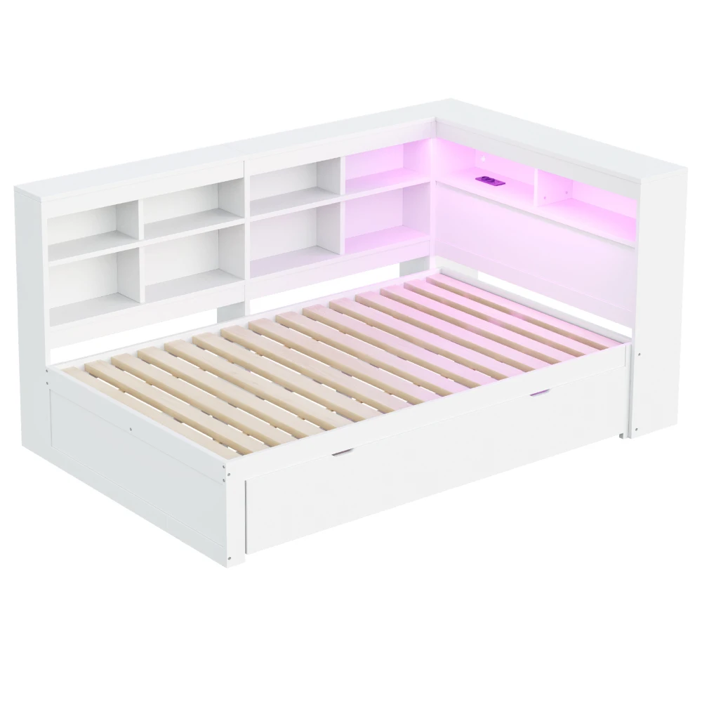 140 x 200 cm großes Schlafsofa aus Massivholz, mit extra großen Schubladen und Ablagefächern, mit USB-Buchse und LED-Lichtleiste, Weiß/Grau – Detail 13