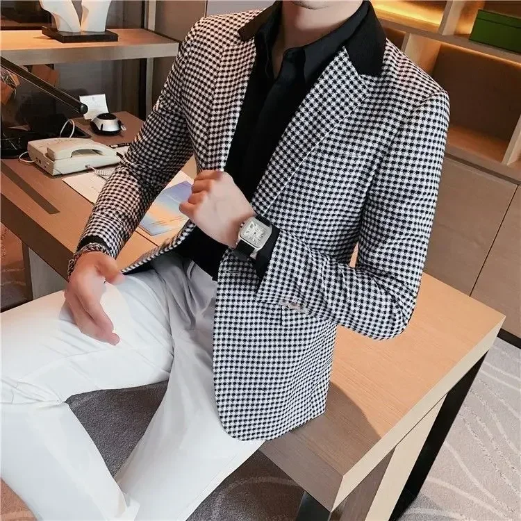 Plaid Coats Man Dress Suits and Blazers Korean Style Business Jacket for Men Clothes Classic