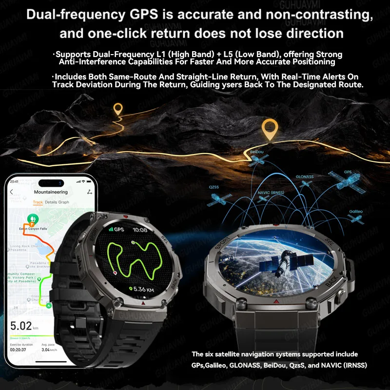 GPS Smart Watch 1.43'' AMOLED Bracelet Compass Altimeter Barometric 10ATM IP69K Waterproof For HUIAWE 2025