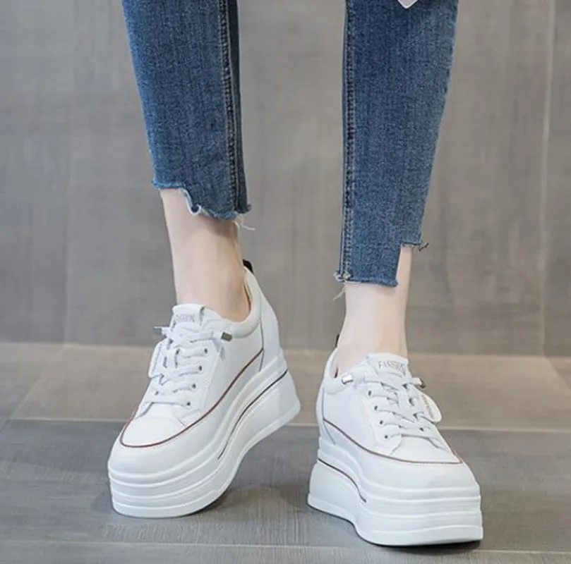 8.5cm Genuine Leather Women Autumn Hidden Heels Ladies Chunky Sneakers Thick Soled Spring Platform Wedge Summer Fashion Shoes 4