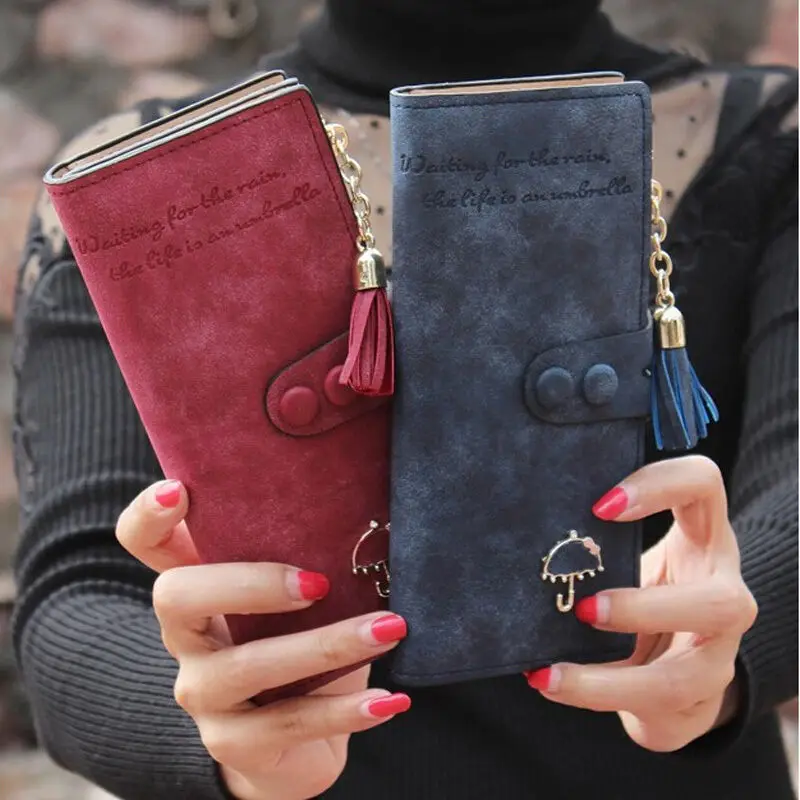 Women Wallet Lady Clutch Leather Frosted Tassel Female Wallets Long Length Card Holder Phone Bag Money Coin Pocket Ladies Purses 2