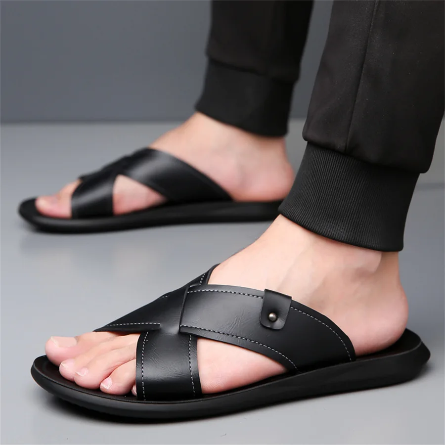 Summer Men Slippers Leather Slippers Casual Flat Men Non Slip Beach Slide Flip Flops Size48