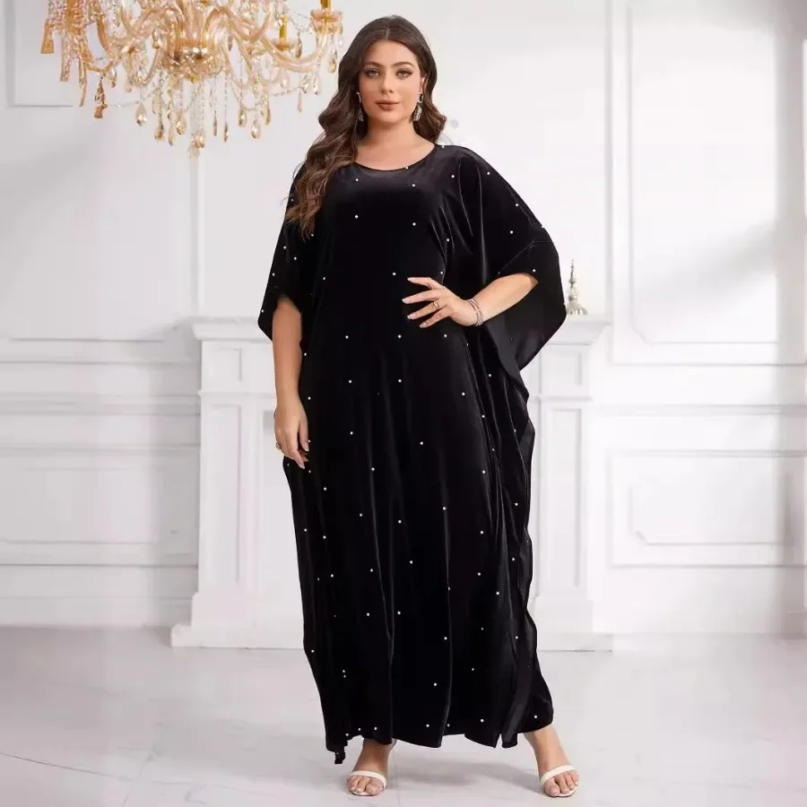 Plus Size Muslim Dresses for Women Elegant Muslim Women 3/4 Sleeve Velvet Long Maxi Dress Muslim Fashion Abaya Gowns with Hijab