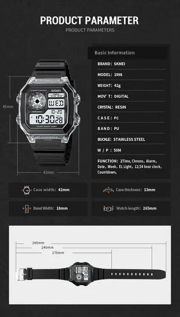 Skmei multifuncional contagem regressiva luz traseira relógio de