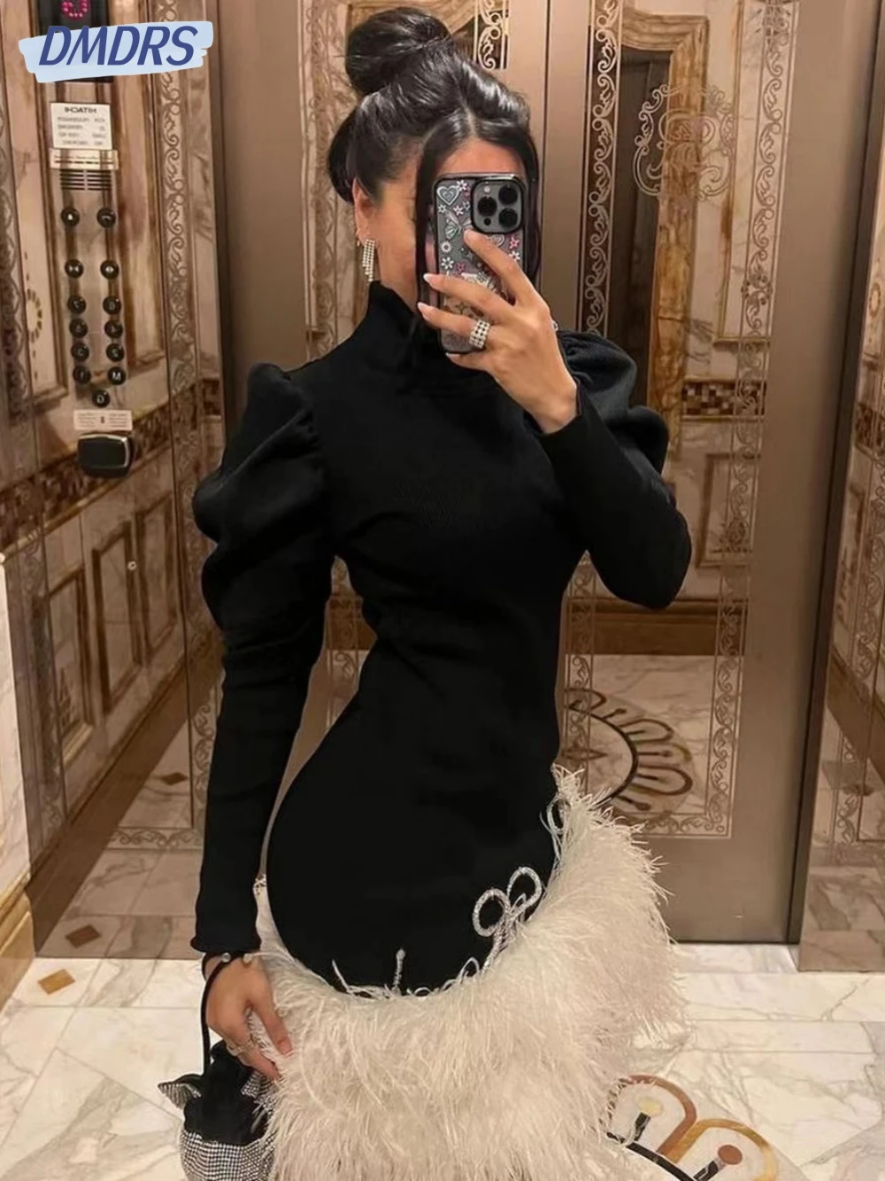 

Birthday Party High Neck Evening Dresses Luxury Feathers Dress For Bride Classic Above Knee Bridal Gown Vestido De Novia