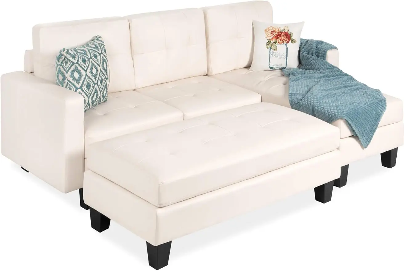 

Tufted Faux Leather 3-Seat L-Shape Sectional Sofa Couch Set w/Chaise Lounge, Ottoman Coffee Table Bench, White