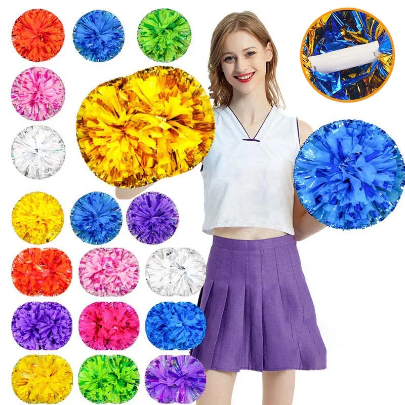 1 Pair Plastic Handle Cheerleader Pom Poms Metallic Shine Streamer Cheerleading Pompom Ball Game Dance Decorator Club Supply