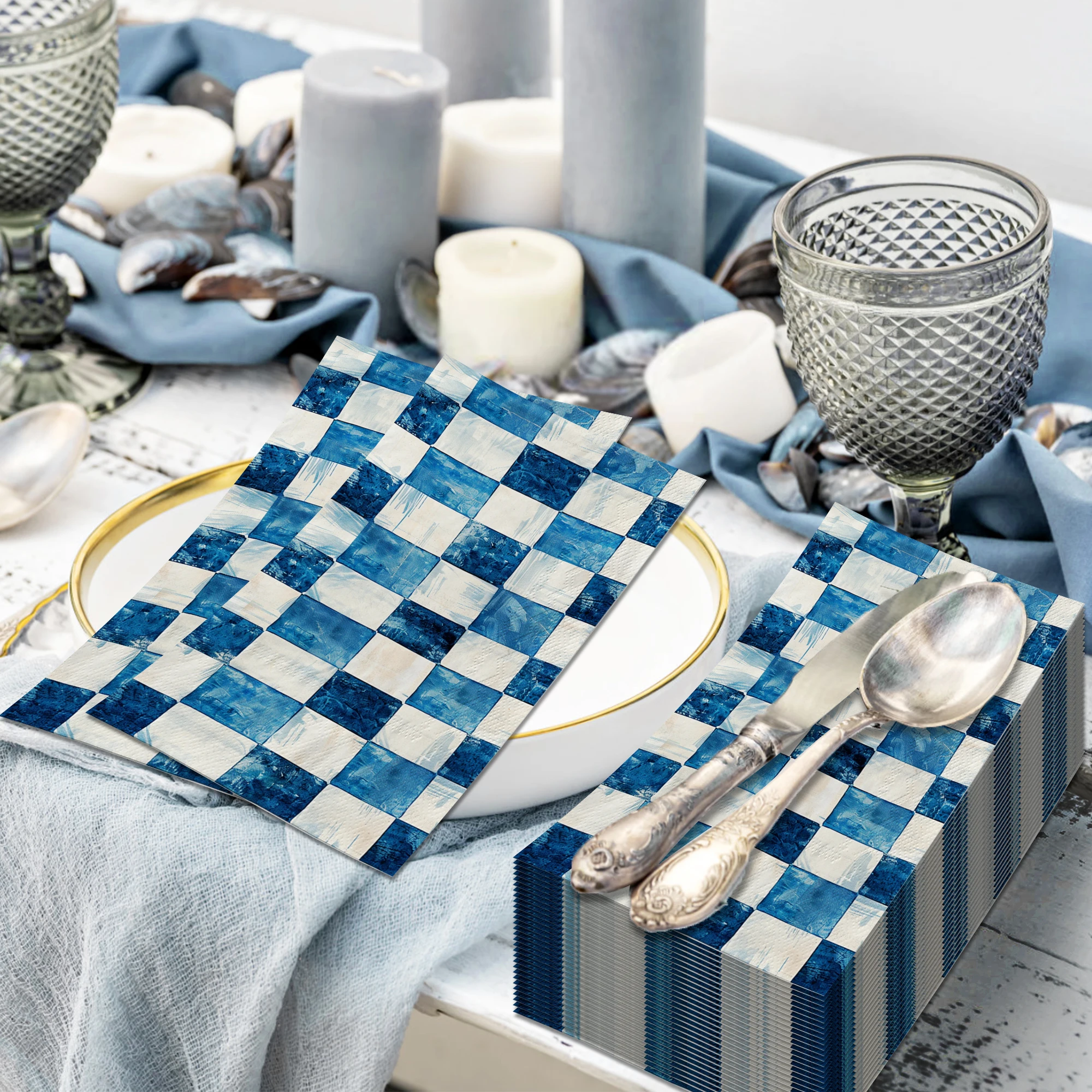 20 Stück blau-weiß karierte Gästevietten, königsblau kariert, lange Einweg-Papiergewebe für Picknick, Geburtstag, Partyzubehör – Detail 4