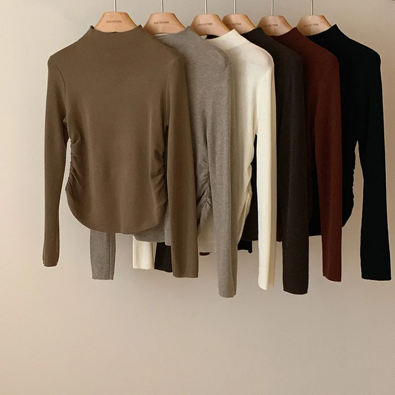 

Korean Women Autumn Full Sleeve Tops Sweaters Mock Neck Splice Solid Pullovers Casual Regular Slim Fit Simple Jumpers 2023