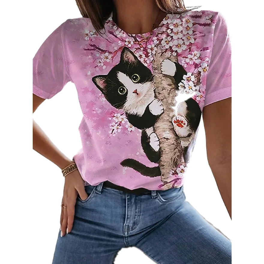 

Summer pink top women's kawaii cat print O-neck short-sleeved Harajuku shirt women's casual top
