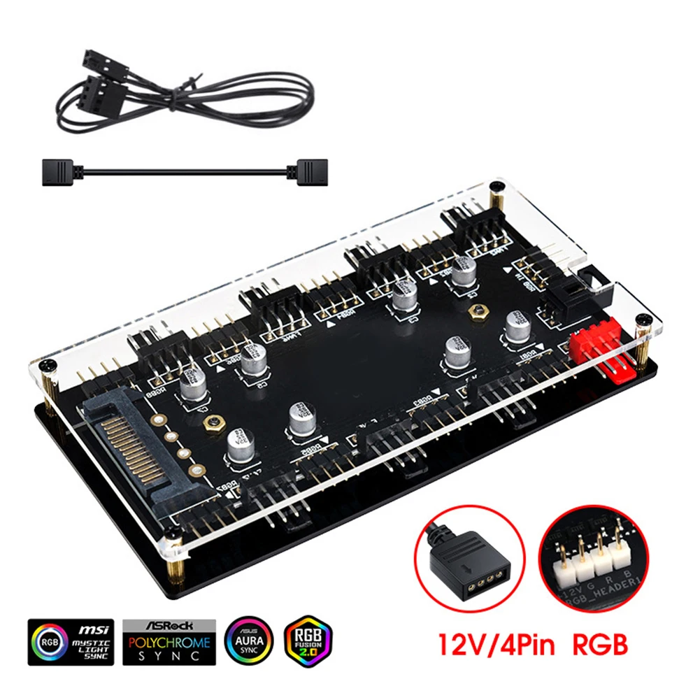 12V 4Pin/5V 3PIN 2 IN 1 Fan HUB Splitter Motherboard Sync ARGB/RGB PWM Fan Hub Fan HUB Splitter with Cable RGB Strip Splitter