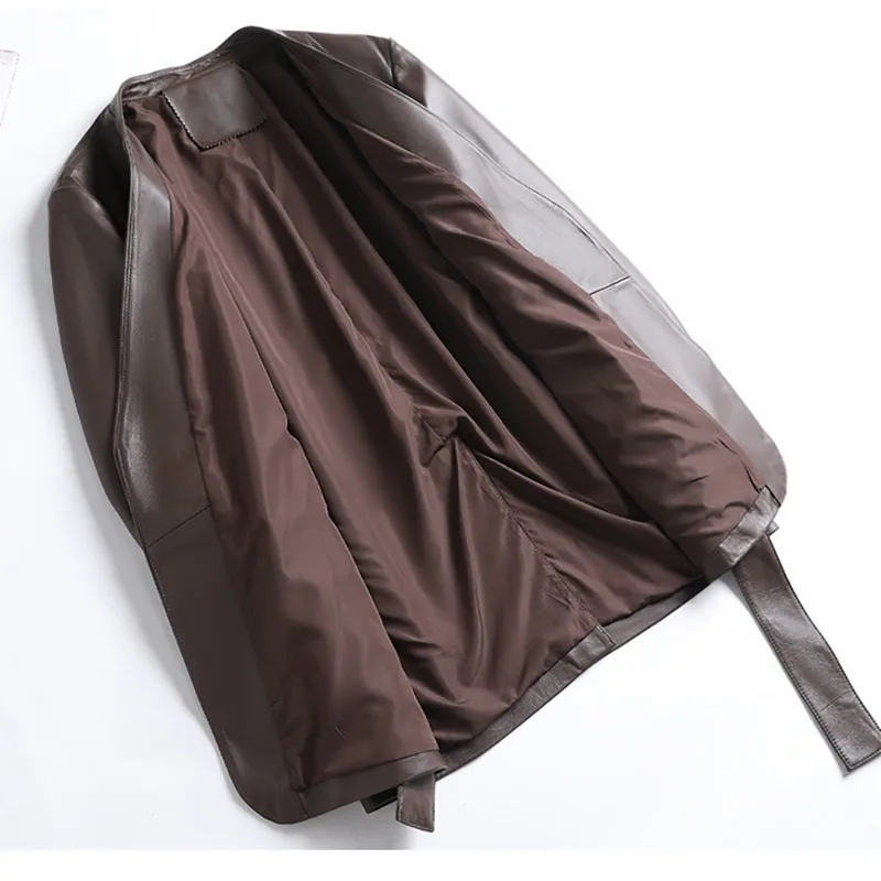 2023 Autumn New Women High-Grade Suit Leather Jacket Mid-Length Loose Solid Color Outwear Female Temperament V-neck Leather Coat
