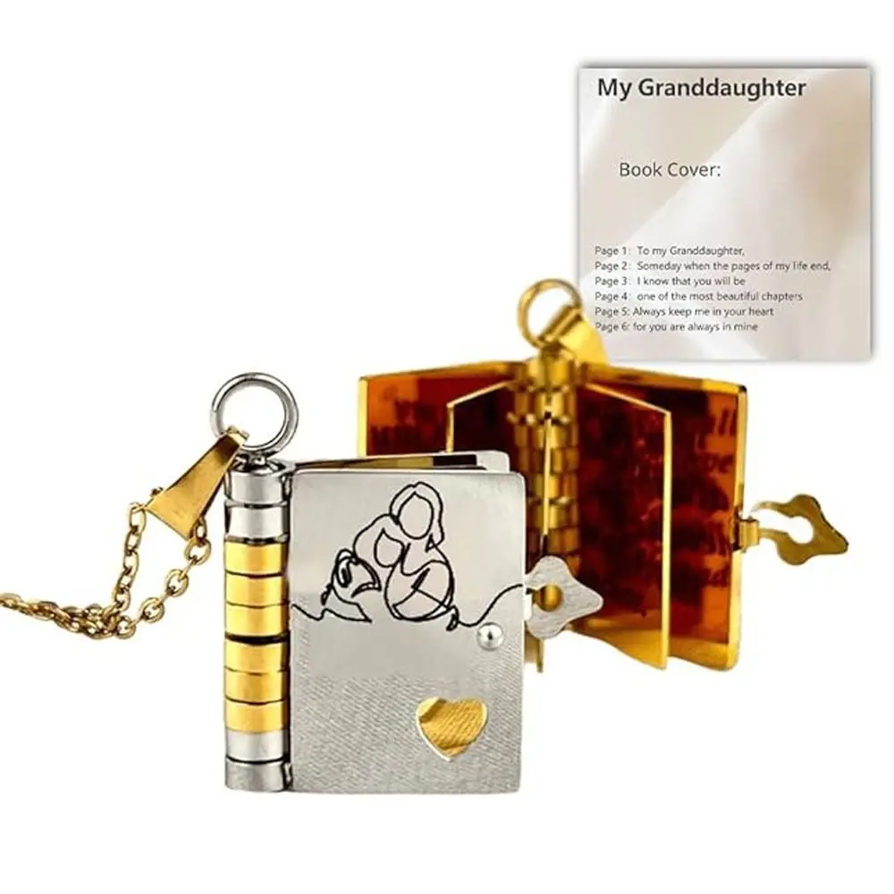 Openable Granddaughter Book Necklace Gold Color with Pages of Engraved Information Message Mini Book Pendant Necklace