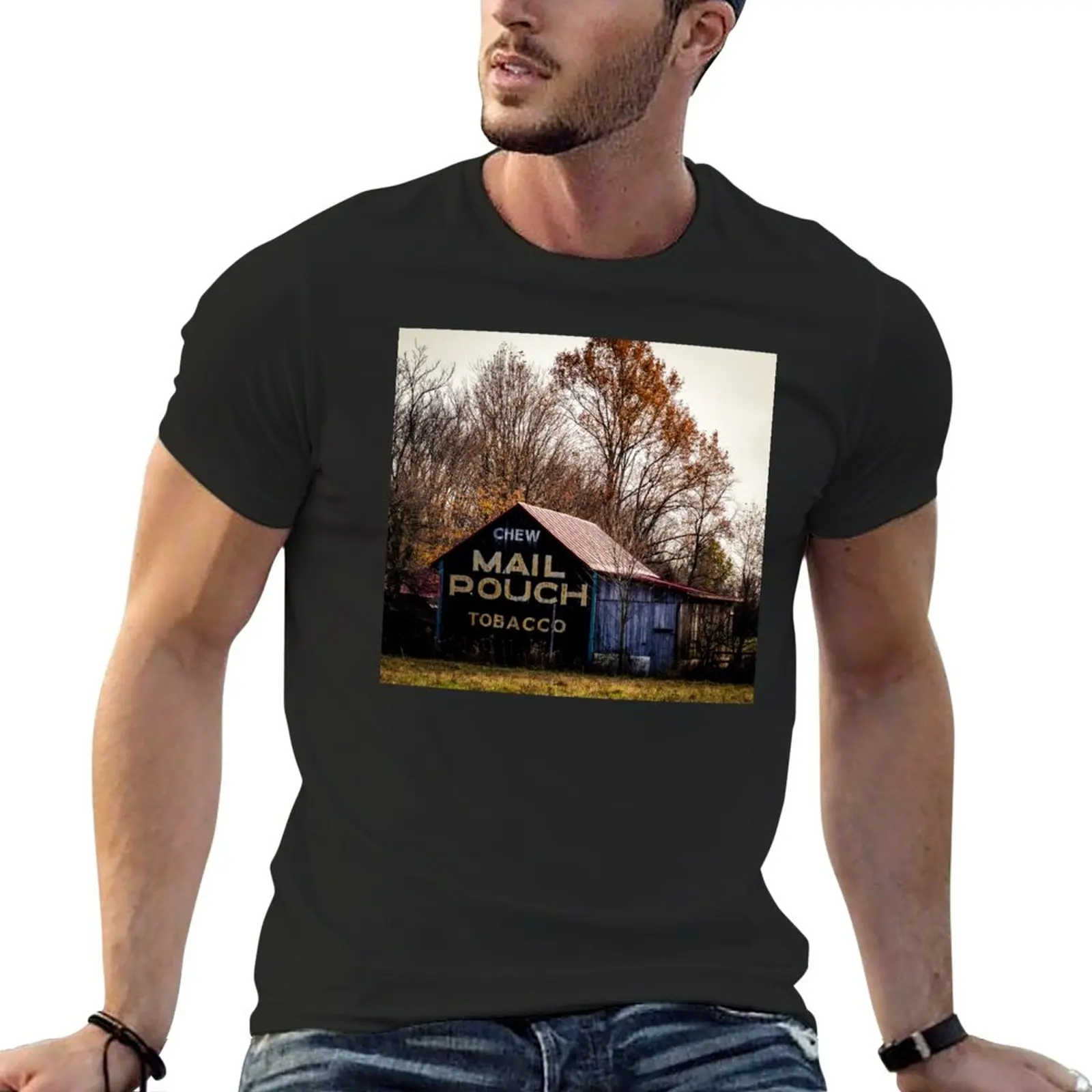 

Футболка мужская черная с рисунком табака и сарая, в стиле хип-хоп