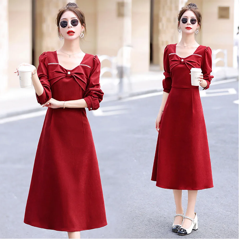 

French Vintage Women's Dress 2023 Autumn/Winter New Wine Red Temperament Elegant Bowtie Square Neck Slim Temperament Dress