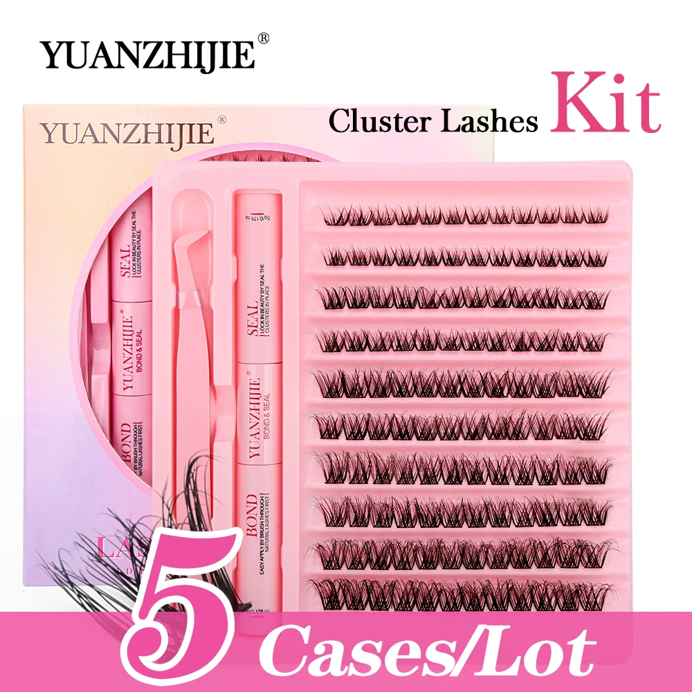 

YUANZHIJIE 5cases/lot Cluster Lashes Extensions Kit D Curl Volume Fans Russian Eyelashes,Bond and Seal Makeup Tweezers Tools