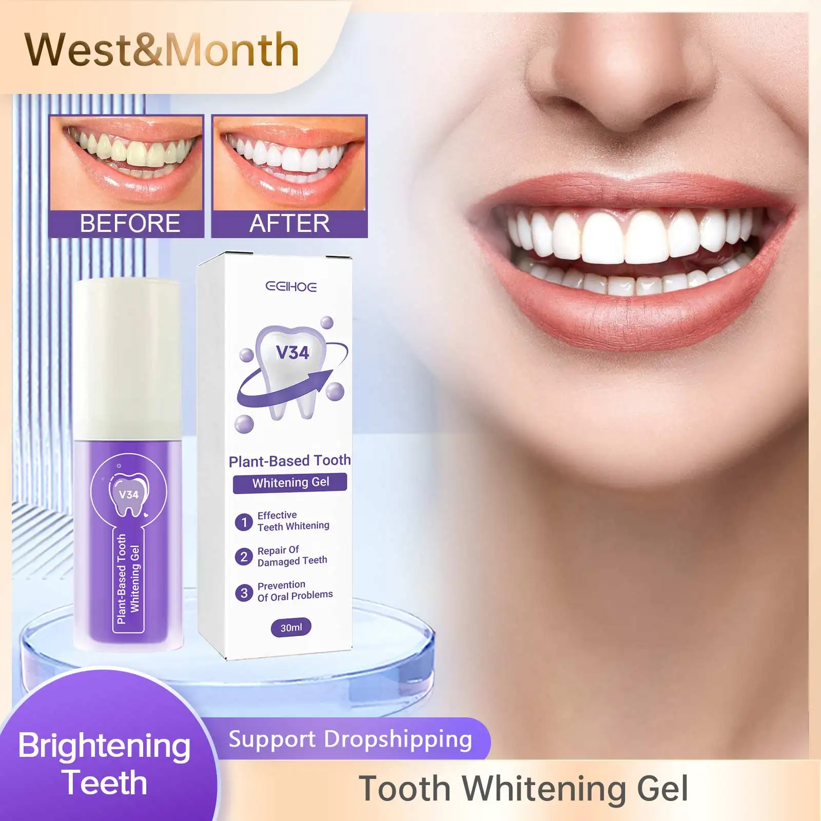 

V34 Whitening Teeth Gel Toothpaste Brightening Cleansing Tartar Yellow Tooth Stain Decay Removal Oral Odor Fresh Breath Gum Care