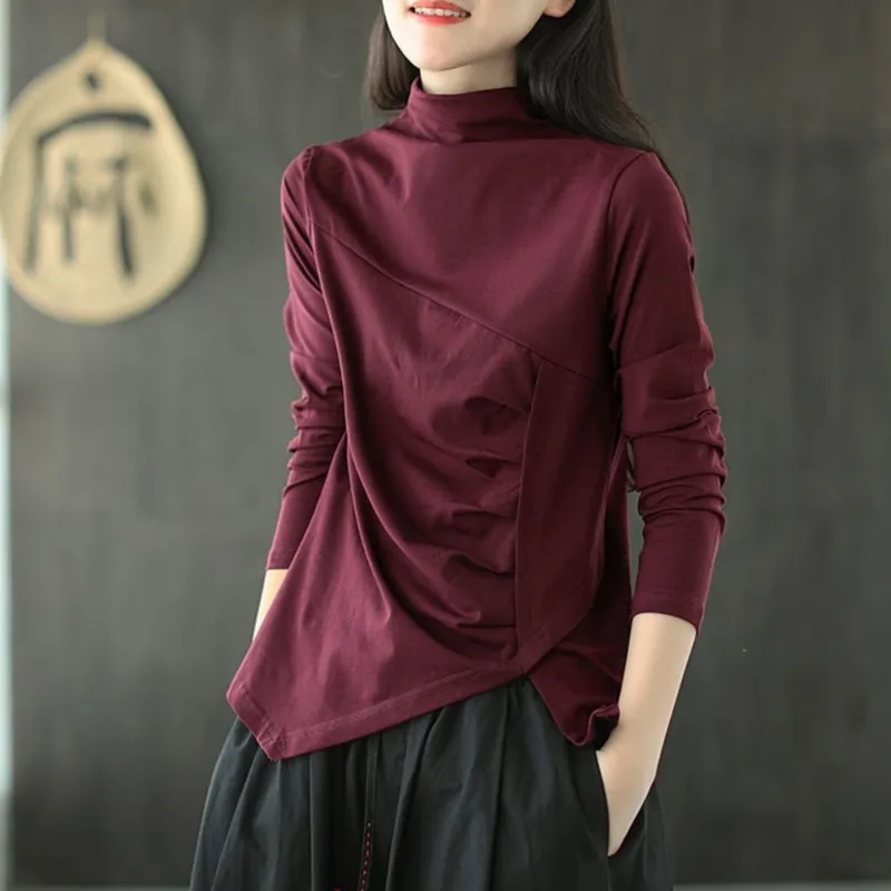 

Women Tunics T-Shirt Turtleneck 100% Cotton Basic Vintage Ladies Solid Thin Jacket Casual Long Sleeve Office Tops Irregular