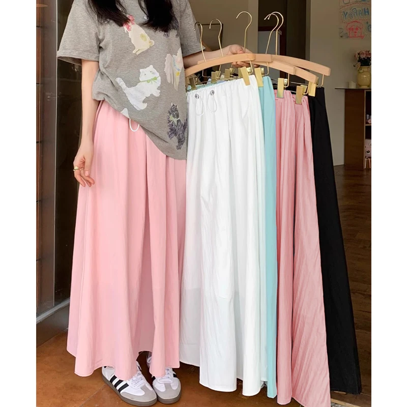 Summer Korean Style Maternity Cotton Long Skirts Solid Color Drawstring Waist Large Hem Plus Size Pregnant Woman Umbrella Skirt