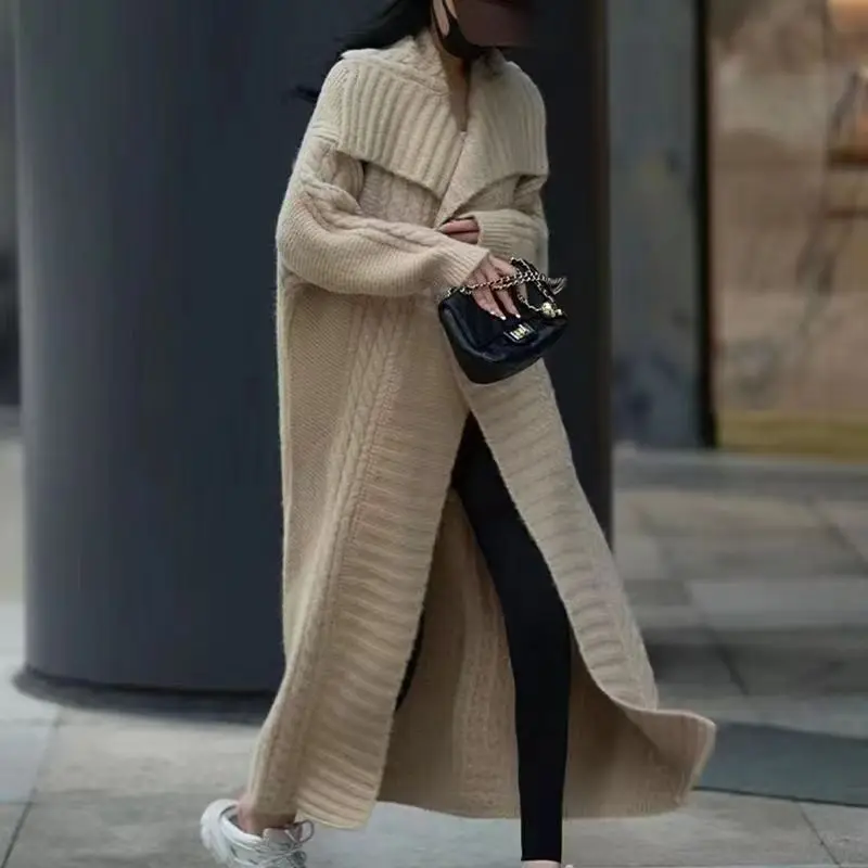 

Women Jumpers Turn Down Collar V Neck Cardigan Lazy Wind Knitting Sweaters Pockets High Street Solid Slight Strech Winter