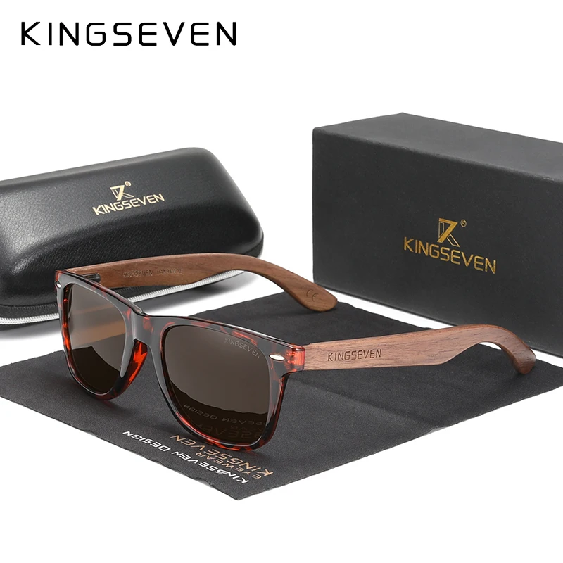 KINGSEVEN Neue Sonnenbrille aus schwarzem Walnussholz, polarisierte Sonnenbrille, Herrenbrille, handgefertigt, UV400-Schutzbrille, Retro-Holzkiste