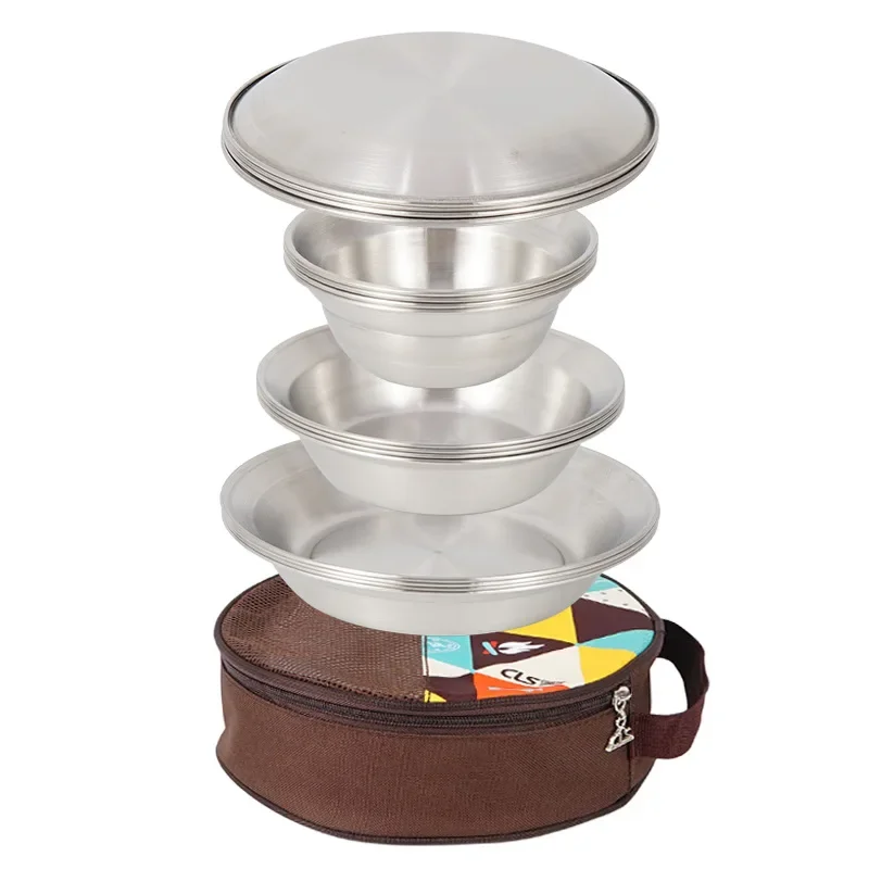 Outdoor Stainless Steel Dinnerware Set 16 Pieces Camping Portable Barbecue Plate Home Use Soup Bowl Plate