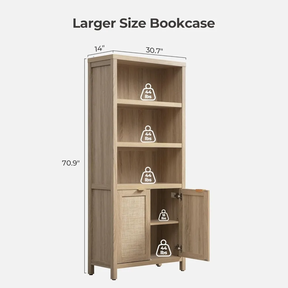 Bookcase  Bookshelf 5 Tier Rattan Boho Bookcase with Doors Storage Large Book Case Shelf Farmhouse Bookshelves 3
