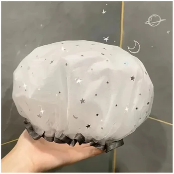 Waterproof Double-Layer Shower Cap Starry Sky Design Fashion Reusable Bathing Hat Kitchen Oil-proof Sanitary Hat
