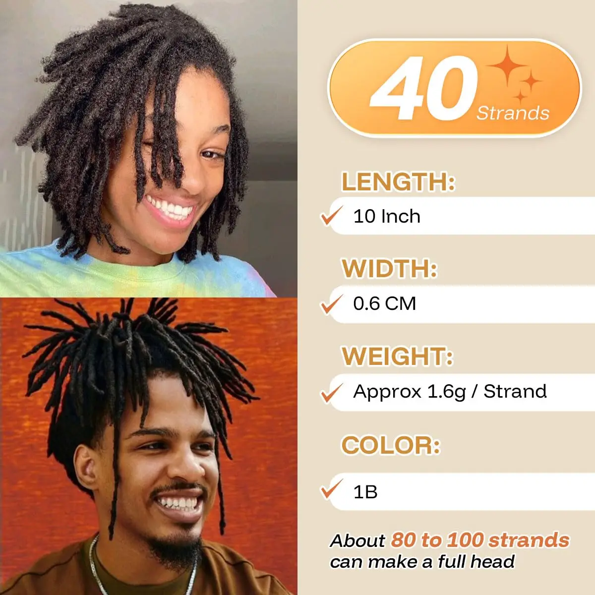 Estensioni Dreadlocks da 18 pollici, 10/40 fili, larghezza 0,6 cm, in veri capelli umani per uomo/donna, interamente fatte a mano, possono essere tinte 1B - immagine 2