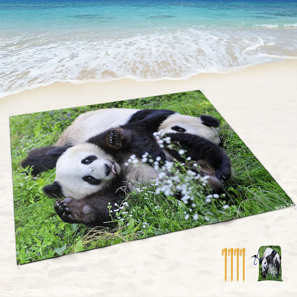 

Sand Proof Beach Blanket Panda Print Mat with Corner Pockets and Mesh Bag for Beach,Travel,Camping and Outdoor Music Festival