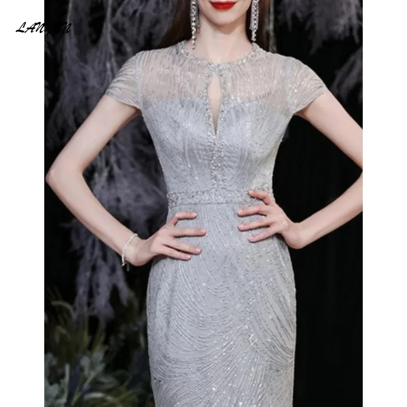 O-neck Sequined Slim Simple Evening Dresses Sleeveless Wedding Party Vestidos Temperament Elegant Prom Dress vestido de festa
