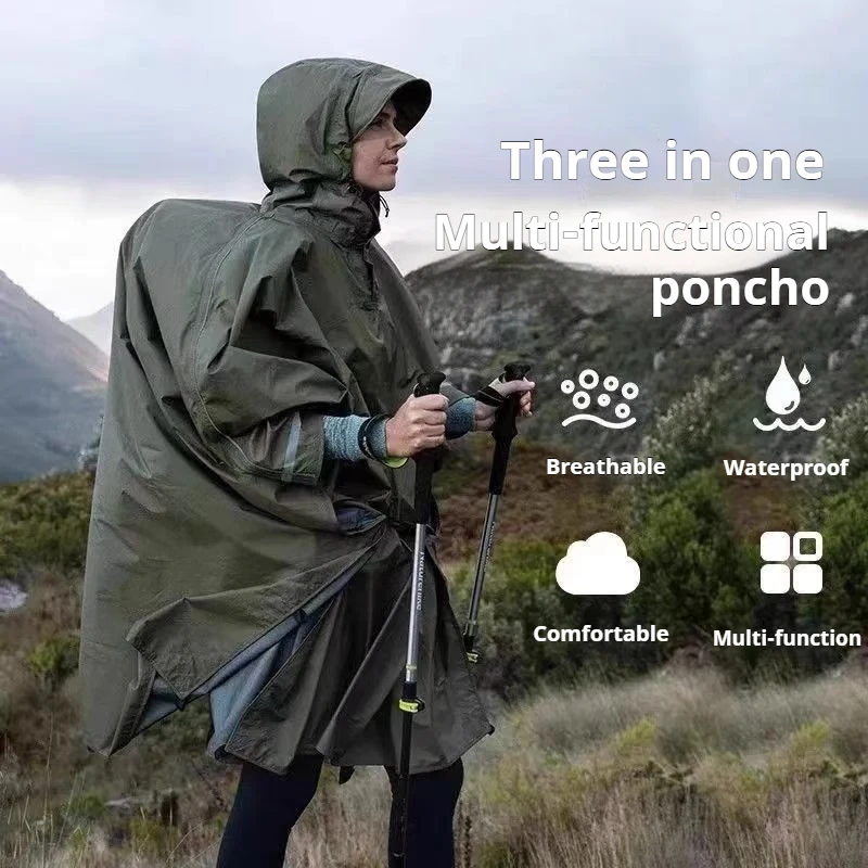 3-in-1 Multi-Functional Tactical Rain Poncho Waterproof Breathable Outdoor Rainwear Hiking Camping Mountaineering