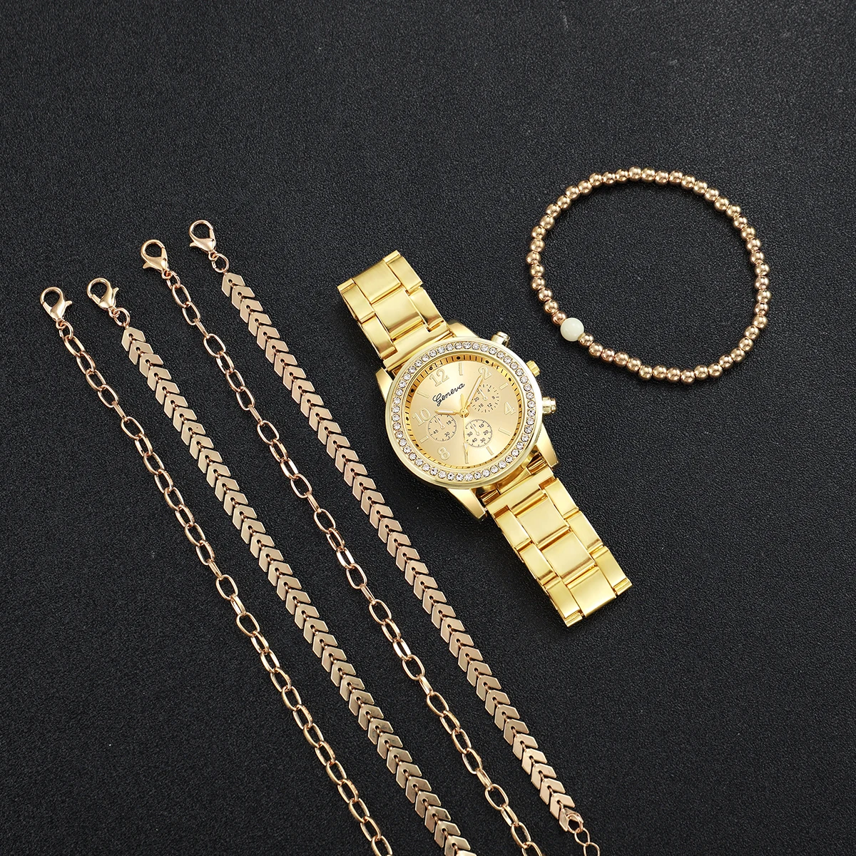 6PCs/Set Women's Watch Fashion Three Eye Dial Stainless Steel Strap Simple Quartz Watch Set with Gold Bracelet