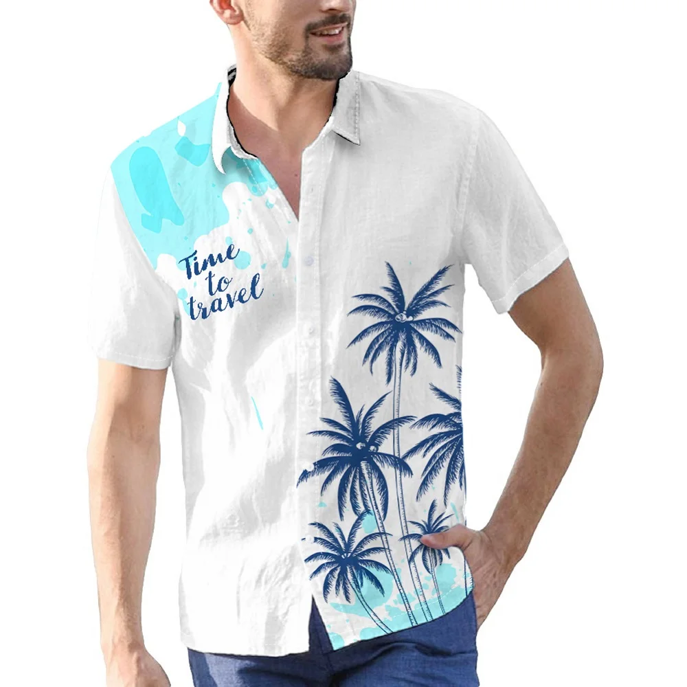 Мужская рубашка с цифровым принтом кокосового дерева и букв, летняя гавайская рубашка с коротким рукавом и пуговицами, одежда для отдыха на курорте и отдыха