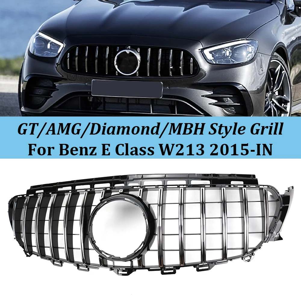 GT 다이아몬드 스타일 자동차 전면 후드 그릴, 메르세데스 벤츠 E 클래스 W213 2015 + E200 E300 E250, 카메라 구멍이 있는 키드니 그릴