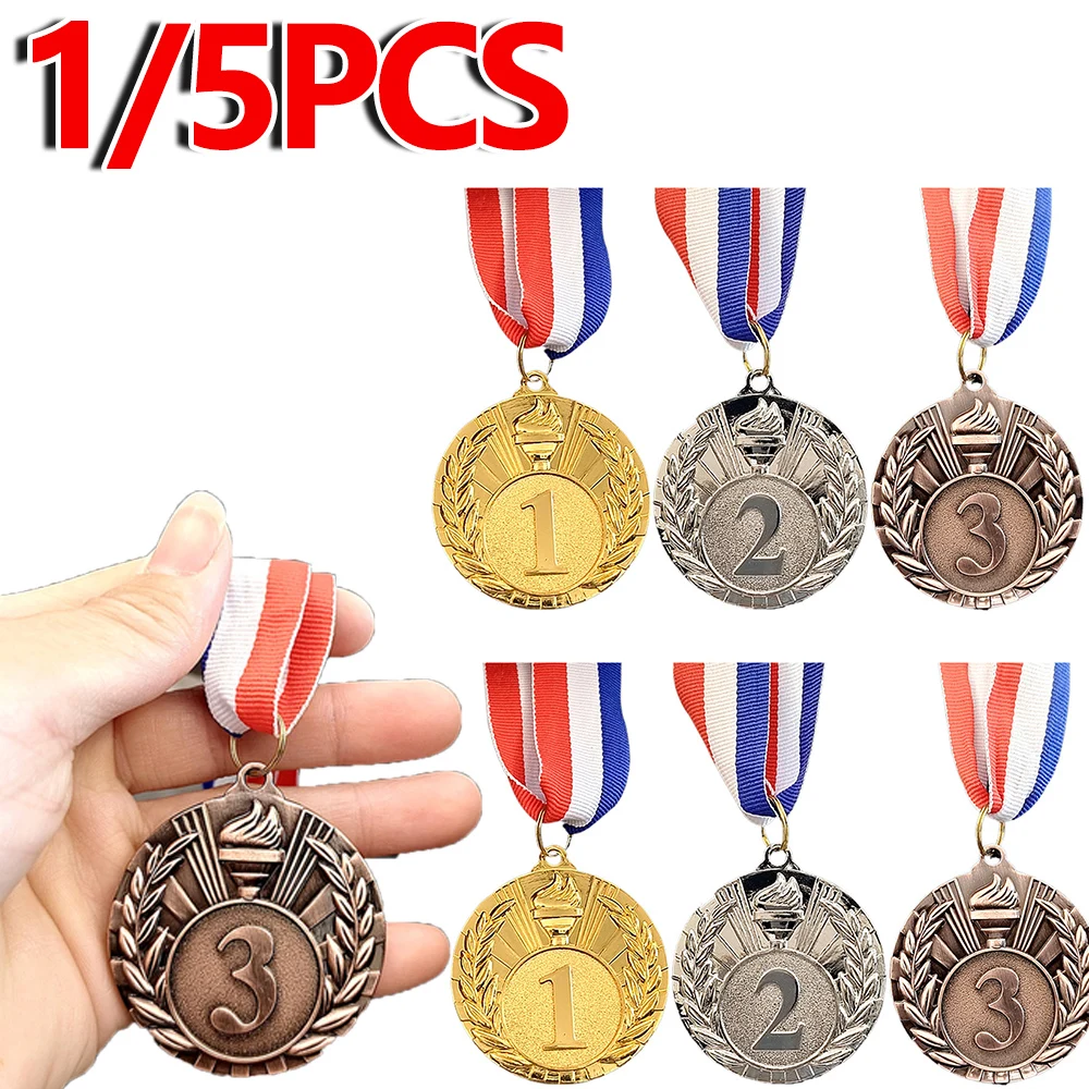 1/5pcs Zinc Alloy Round Winner Medals with Neck Ribbon Students Rewards Competition Medals 1st 2nd 3rd Gold/Silver/Bronze Medal