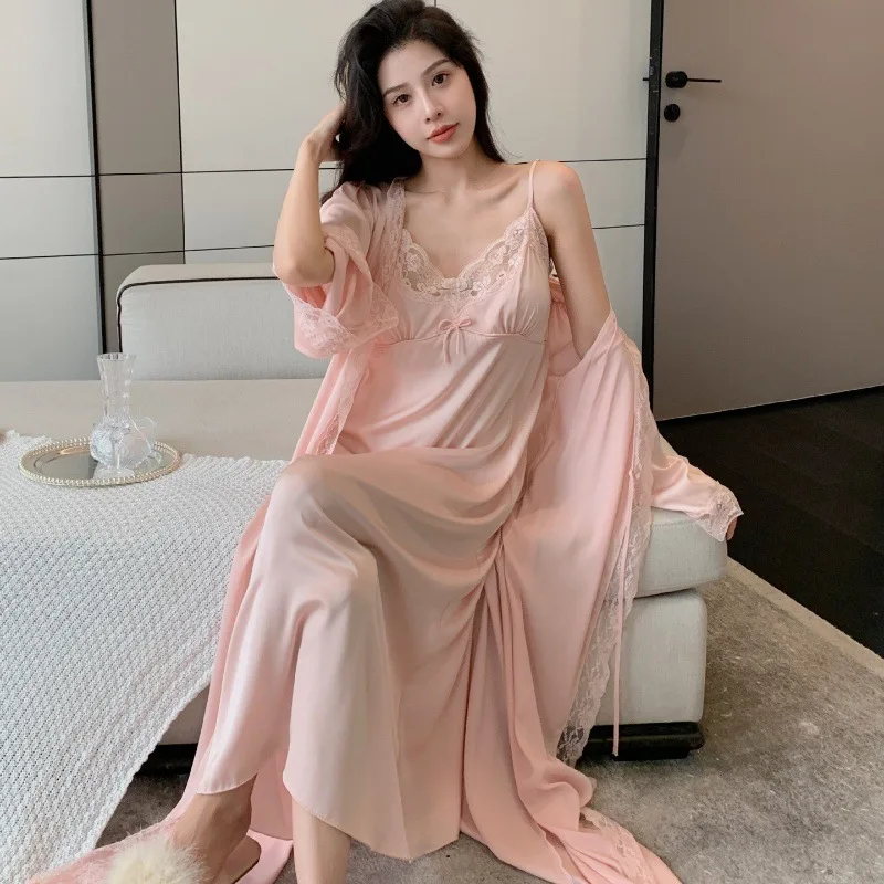 

Розовый кружевной свадебный халат, комплект ночной рубашки, весна-лето, кимоно, халат, одежда для сна, свободная Повседневная атласная Домашняя одежда, одежда для отдыха