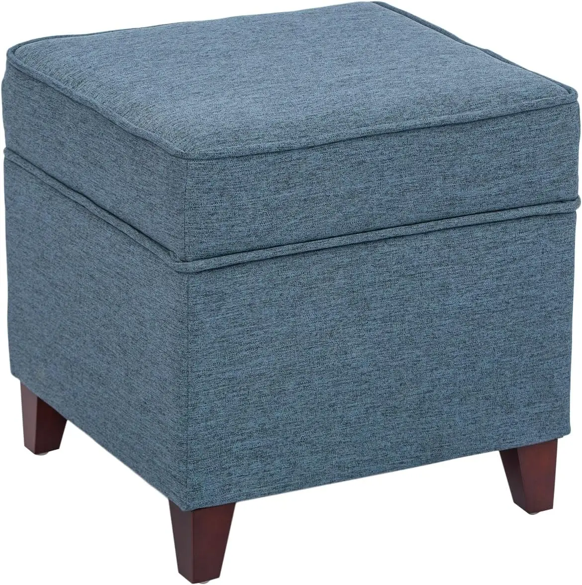 17" Square Ottoman with Storage,Small Blue Storage Ottoman Foot Rest with Hinged Lid & Solid Wood Legs, Linen Fabric Foot Stool