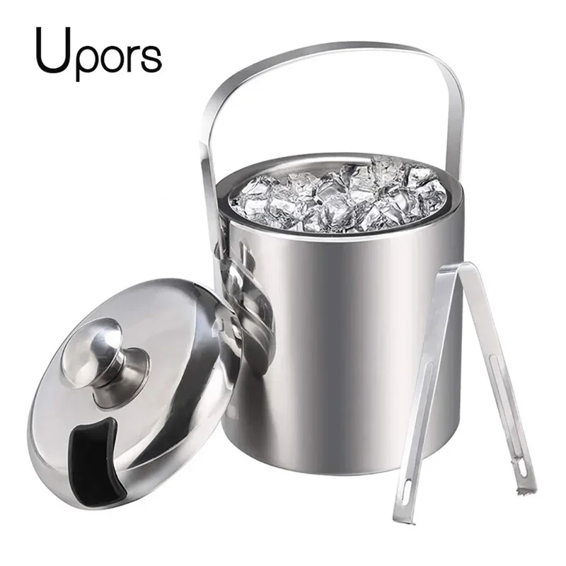 UPORS Ice Bucket 1.3L Stainless Steel Ice Bucket with Tong and Lid Portable Bar Chilling Beer Cooler Champagne Wine