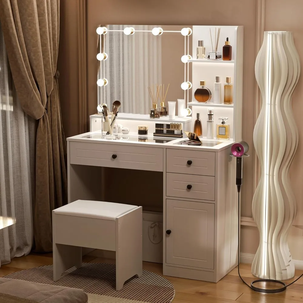 Makeup Vanity Desk with Mirror and Lights White Vanity Set with Drawers and Stool Glass Top Dressing Table Shelves 3