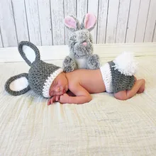 

2PCS Photography Props Newborn Baby Weave Grey Little Gray Rabbit Photography Suit